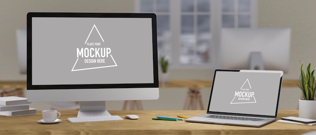 Concepto de maqueta de espacio de trabajo, monitor de computadora vacía y pantalla de computadora portátil en la mesa de madera con suministros de oficina y decoraciones en el interior borroso en el fondo, renderizado 3D, ilustración 3D