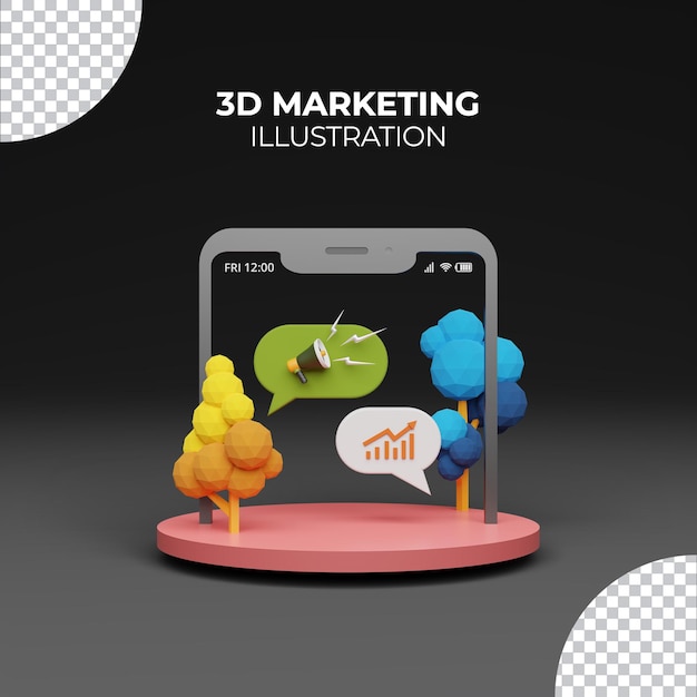 Concepto de marketing con teléfono inteligente de renderizado 3d