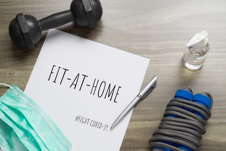 PSD concepto de mockup notebook fit at home durante la pandemia covid-19.