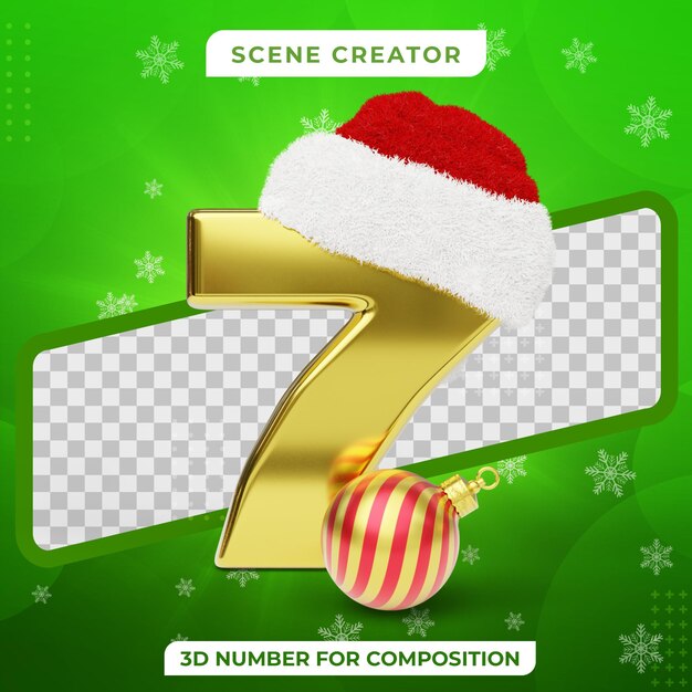 Concepto de Navidad 7 Número 3D Texto dorado con Santa Hat 3D Render