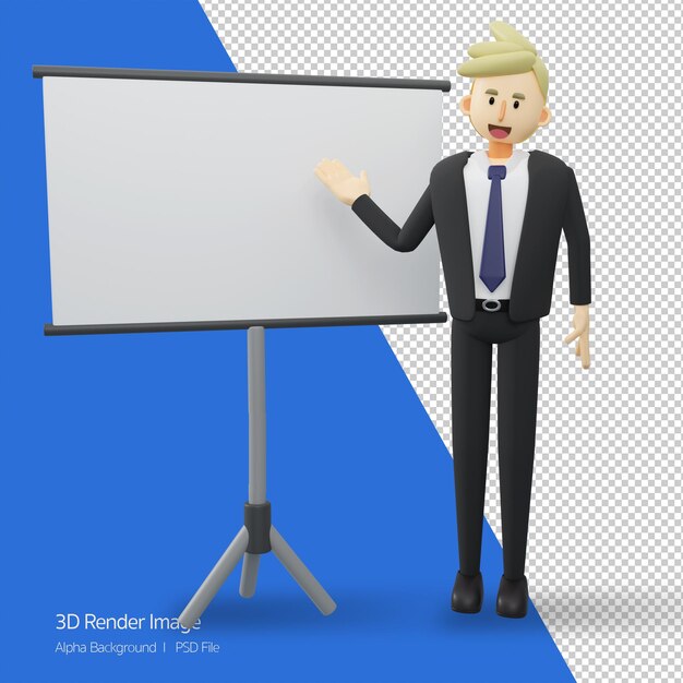 Concepto de negocioLa longitud total del hombre de negocios está presentando explicando con pizarra 3d ilustración de dibujos animados de representación