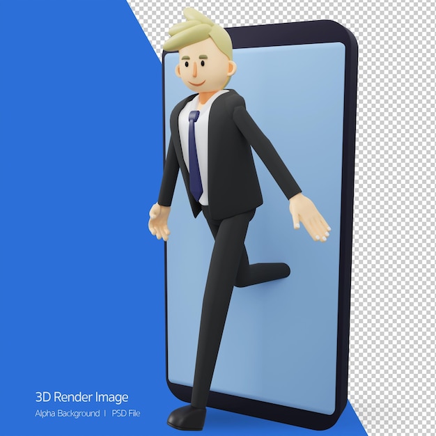 Concepto de negocioServicio rápido La longitud total del hombre de negocios está saliendo de la ilustración de dibujos animados de renderizado smartphone3d