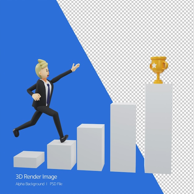 PSD concepto de objetivo empresarial la longitud total del hombre de negocios está tratando de obtener el objetivo trophy3d rendering ilustración de dibujos animados