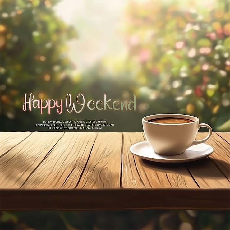 PSD en el concepto de la palabra feliz fin de semana con una hermosa vista de fondo y una taza de café