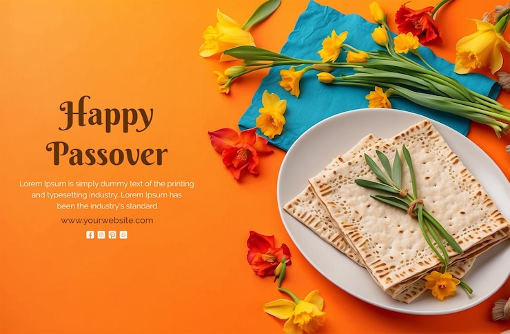 PSD el concepto de la pascua es el pan matzah con nuez roja kosher y decoración de flores sobre un fondo naranja.