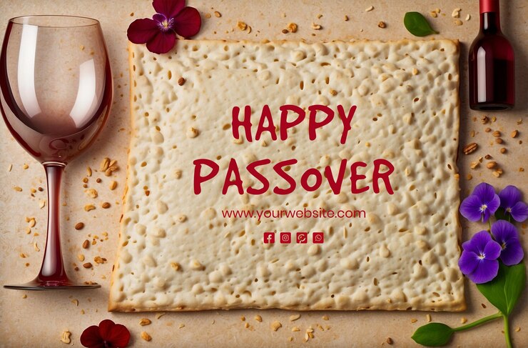 PSD el concepto de la pascua es el pan matzah con nuez roja kosher y decoración de flores.