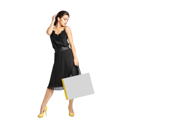 PSD concepto de personas, venta, viernes negro y lujo - bolsas de compras de mujer.