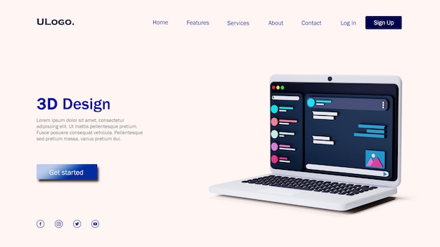 Concepto de plantilla de página de destino con laptop en diseño 3d