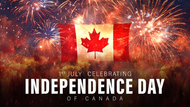 PSD concepto de póster del día de la independencia de canadá feliz con vista nocturna de la ciudad y fuegos artificiales