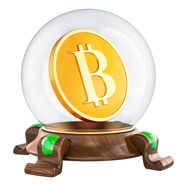 El concepto de predicción de precios de Bitcoin es una bola de cristal con bitcoin dentro de una representación 3D aislada sobre un fondo transparente.