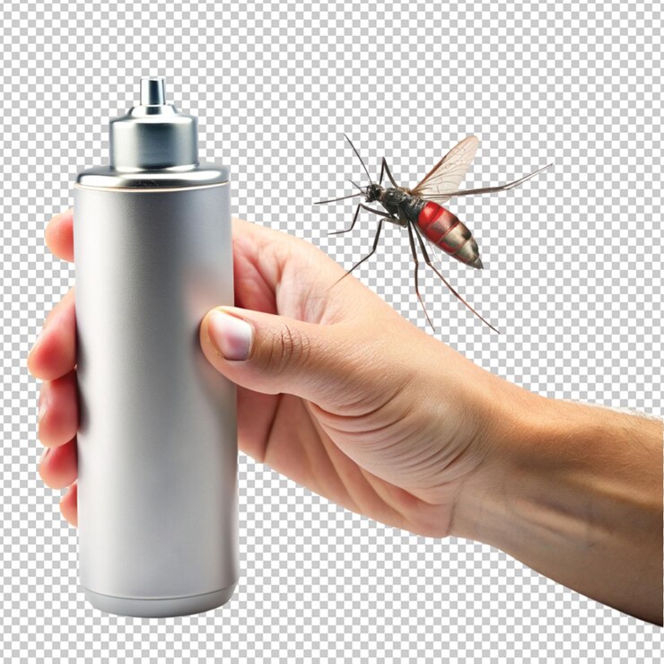 PSD concepto de pulverización de mosquitos con la mano sobre un fondo transparente