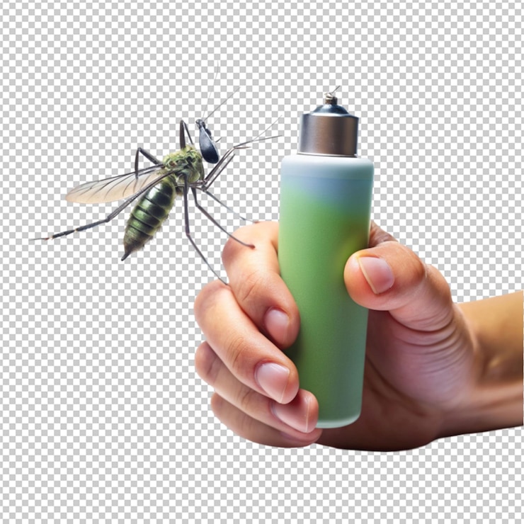 PSD concepto de pulverización de mosquitos con la mano sobre un fondo transparente
