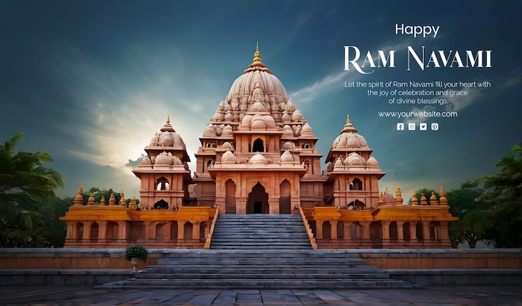 PSD el concepto de ram navami shree ram mandir ayodhya vista real en el fondo del cielo