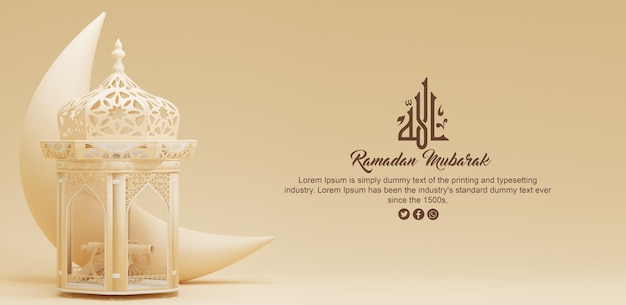 Concepto de ramadán kareem con luna creciente dorada 3d, linterna encendida y mezquita en beige