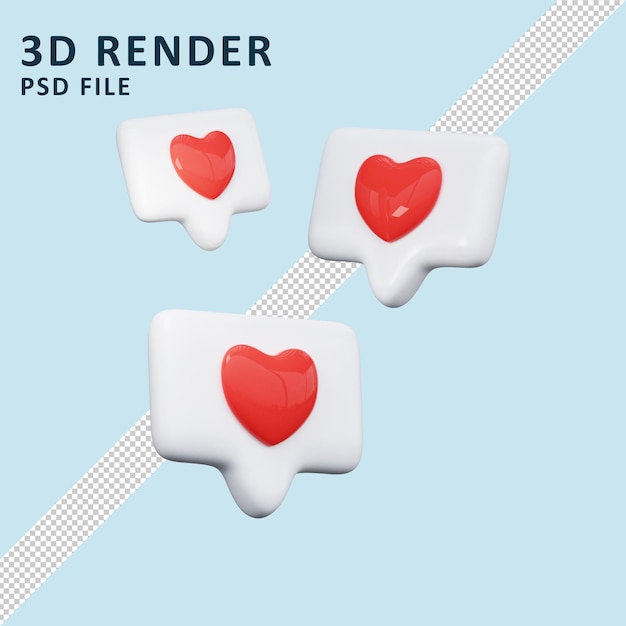 Concepto de redes sociales me gusta e icono de corazón 3d render premium psd