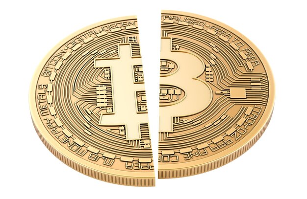 Concepto de reducción a la mitad de Bitcoin Moneda de Bitcoin cortada a la mitad Rendering 3D aislado en fondo transparente
