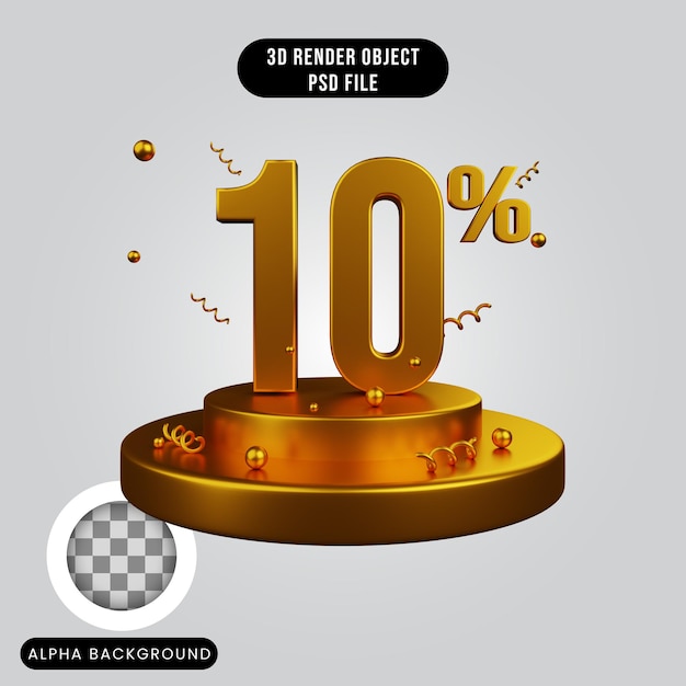 Concepto de render 3d 10 por ciento de descuento en el podio con estilo dorado