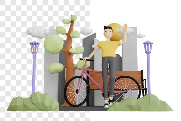 Concepto de representación 3d de un hombre saludando al lado de una bicicleta