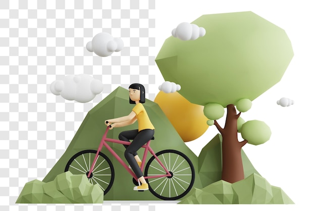 Concepto de representación 3D de una mujer montando bicicleta en el bosque