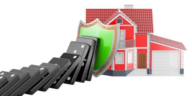Concepto de seguridad y protección de la casa Escudo detuvo el efecto dominó Rendering 3D aislado en fondo transparente