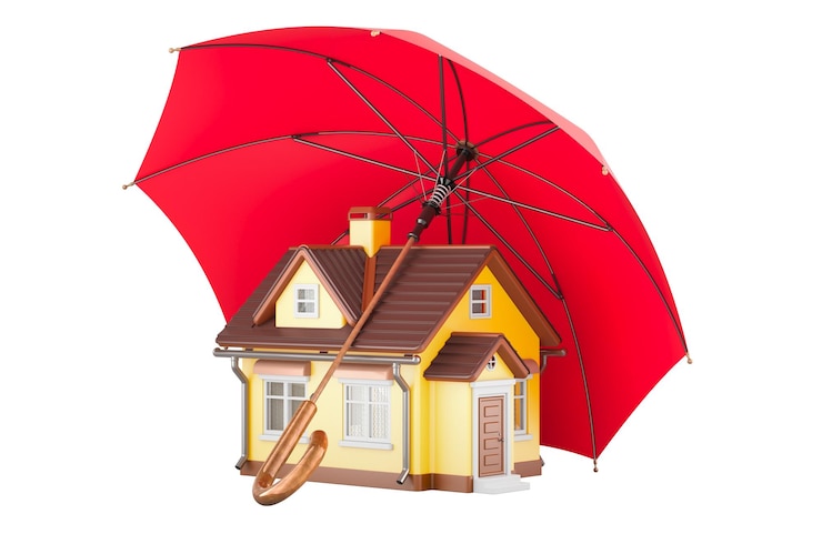 PSD concepto de seguridad y protección del hogar casa bajo paraguas representación 3d aislada sobre un fondo transparente