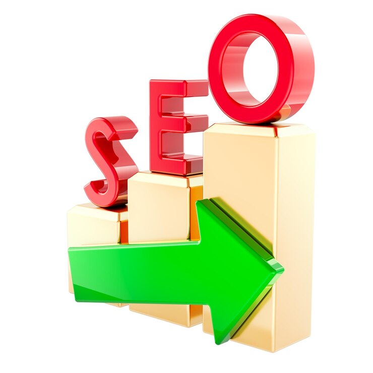 PSD concepto de seo con gráfico de barras doradas y flecha verde representación 3d aislada en un fondo transparente