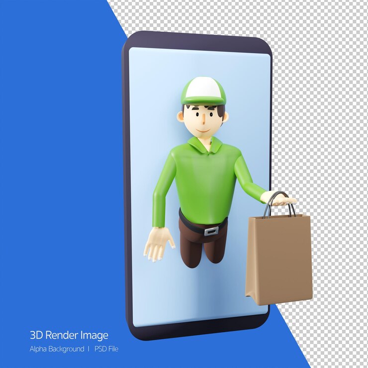 PSD el concepto de servicio de entrega rápida repartidor sale del teléfono inteligente para enviar una ilustración de dibujos animados de representación 3d de bolsa de papel