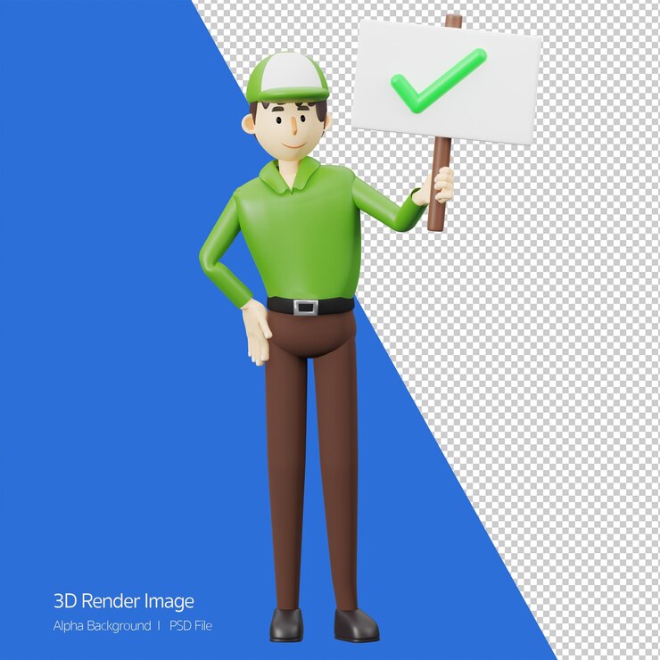 PSD concepto de servicio de entregarepartidor con signo de marca correctoaprobadoilustración de dibujos animados de representación 3d