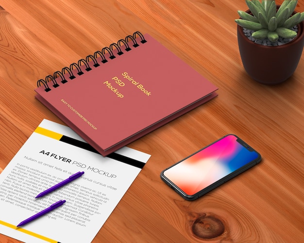 PSD concepto stationery con mockup de libro espiral