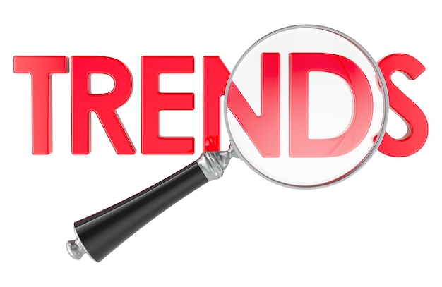 Concepto de tendencias con representación 3D de lupa aislada en el fondo transparente