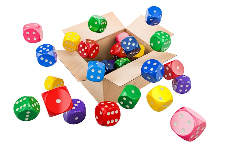PSD concepto de teoría de la probabilidad con dados de juego de colores renderización 3d aislados en un fondo transparente