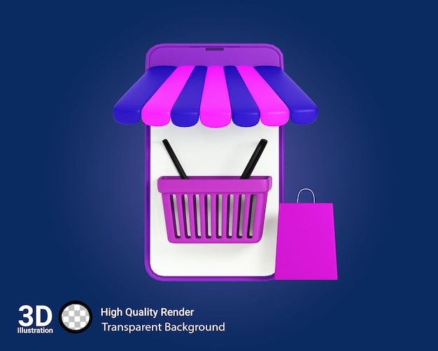 concepto de tienda de compras en línea en el teléfono móvil con carrito de compras 3d psd