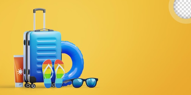 Concepto de vacaciones de verano fiesta de verano y accesorios de viaje sobre fondo amarillo ilustración 3d