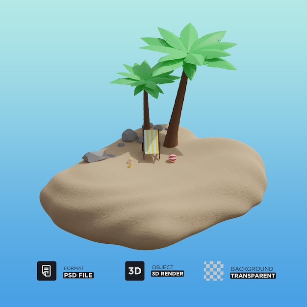 PSD concepto de vacaciones de verano en la isla con palmeras y accesorios de playa representación 3d psd premium