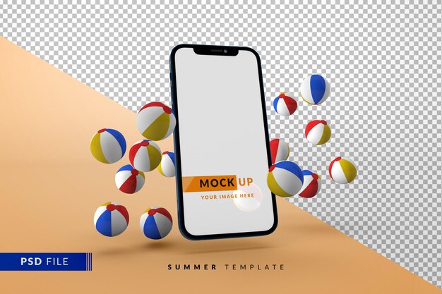 Concepto de verano con teléfono con pantalla de maqueta y pelotas de playa