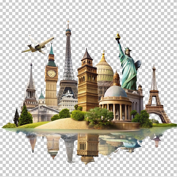 concepto de viaje fotográfico con puntos de referencia en todo el mundo
