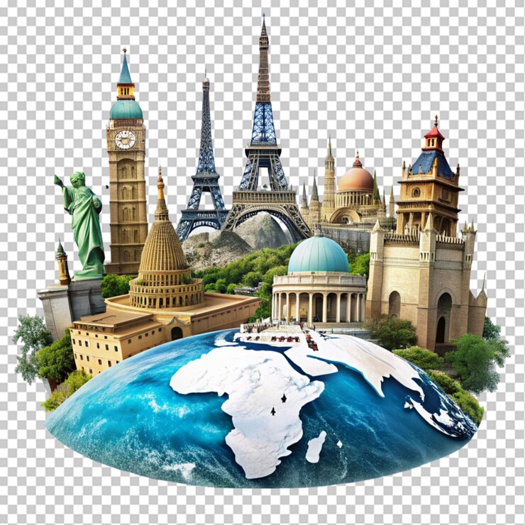 concepto de viaje fotográfico con puntos de referencia en todo el mundo