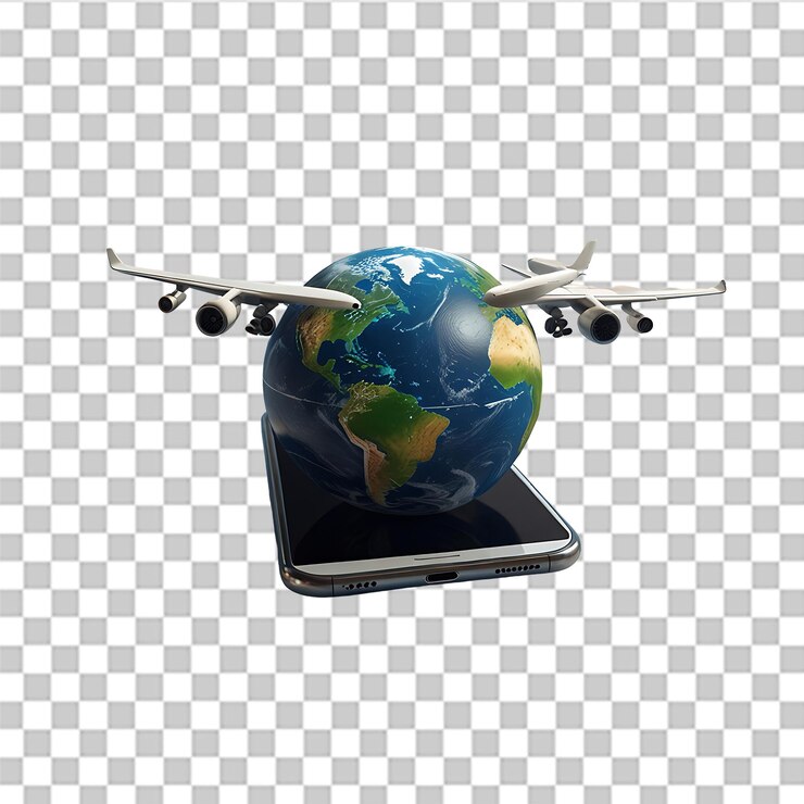 PSD concepto de viaje global con globo de avión y teléfono inteligente en un fondo transparente