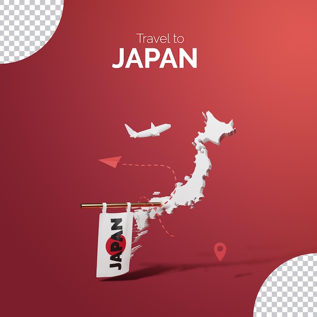 Concepto de viaje de la representación 3d del mapa de japón con la bandera nacional