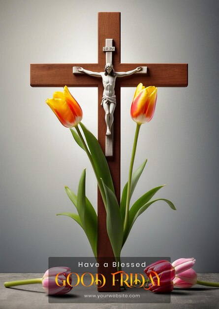 El concepto del viernes santo de la cruz cristiana adornada con tulipanes