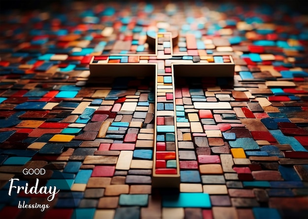 El concepto del viernes santo de la cruz cristiana encerrada en un colorido mosaico que simboliza la unidad y la diversidad