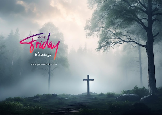 PSD el concepto del viernes santo de la cruz cristiana envuelta por un bosque de niebla que simboliza el misterio divino