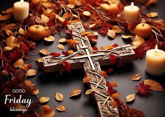PSD el concepto del viernes santo es una cruz cristiana decorada tejida con intrincados patrones de hojas de otoño.