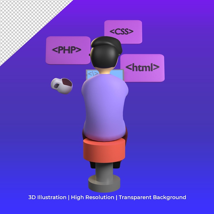 PSD concepto web de codificación de programador 3d con café flotante