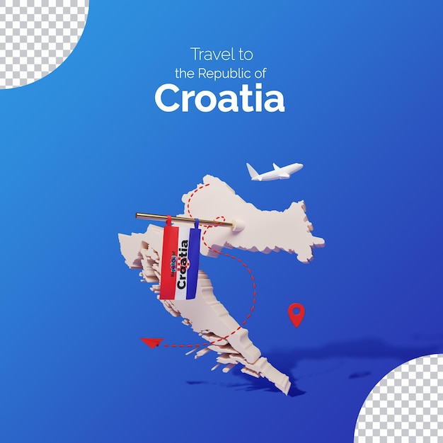 PSD conceptos de viaje con representación 3d de mapas y banderas de croacia