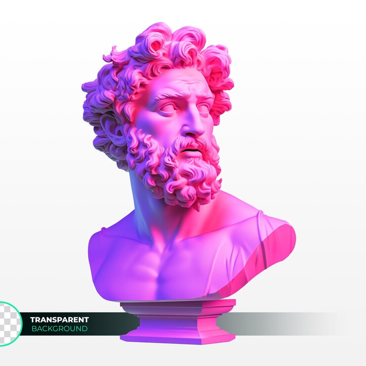 Concetto creativo con la vecchia statua Illuminazione di colore rosa su sfondo bianco concetto di festa minima