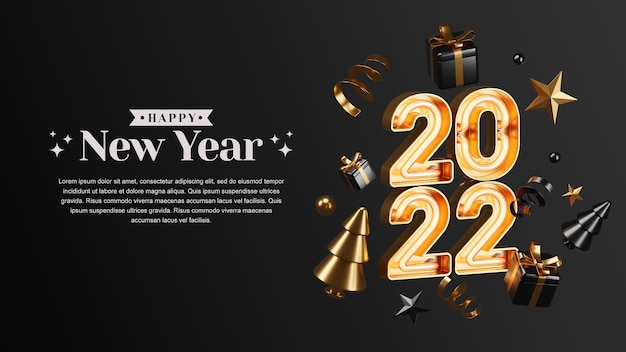 concetto creativo Felice anno nuovo 2022 con illustrazioni di rendering 3D