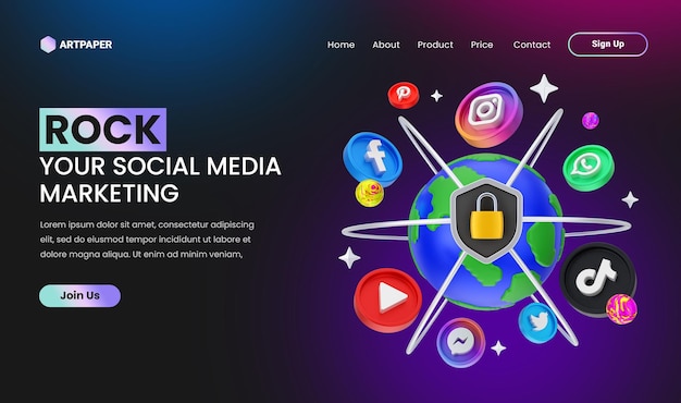 concetto creativo Pagina di destinazione del marketing sui social media con illustrazione 3d colorata del concetto di mondo