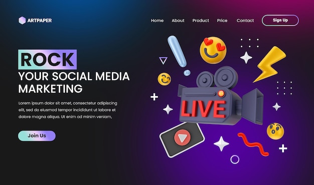 concetto creativo Pagina di destinazione del marketing sui social media con illustrazione colorata in 3d del concetto dal vivo