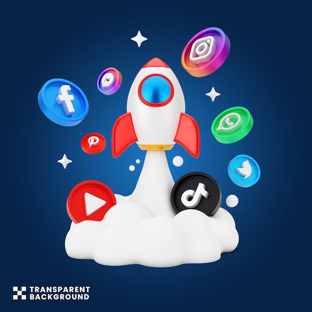 concetto creativo Social media marketing digitale illustrazione 3d lancio di un razzo